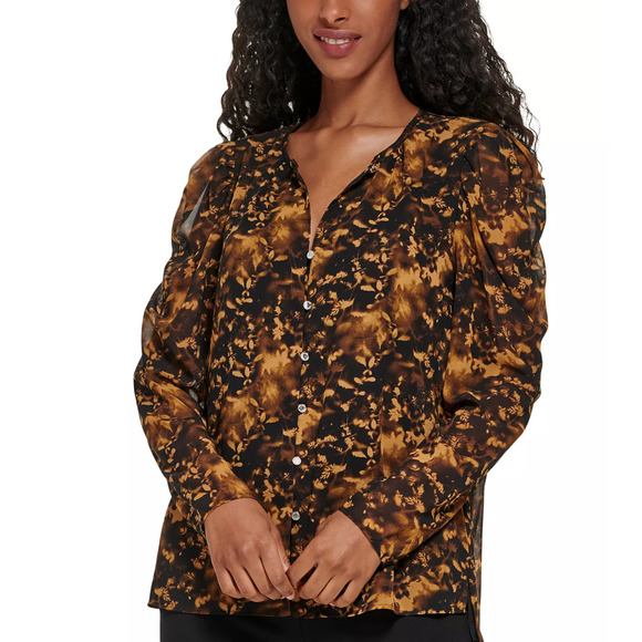 Calvin Klein Long Sleeve Printed Puff Shoulder Blouse Womens Small NWT - Picture 1 of 3